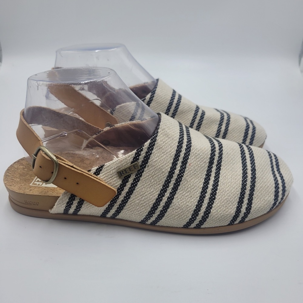 Reef Cushion Sage TX Striped Slingback Clogs Shoes Cream Black Nautical Womens 8